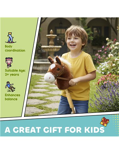 AIYAPLAY Stick Horse with Wood Wheels, Real Pony Neighing and Galloping Sounds, Grip Handle, 95 cm, Brown