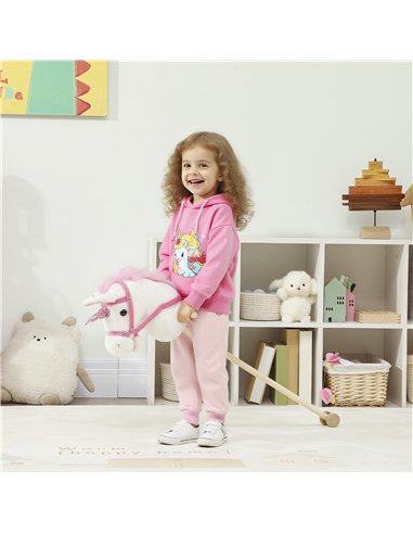 AIYAPLAY Unicorn Stick Horse with Wood Wheels, Real Pony Neighing and Galloping Sounds, Grip Handle, 95 cm, White
