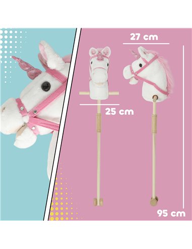 AIYAPLAY Unicorn Stick Horse with Wood Wheels, Real Pony Neighing and Galloping Sounds, Grip Handle, 95 cm, White