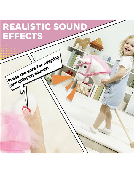 AIYAPLAY Unicorn Stick Horse with Wood Wheels, Real Pony Neighing and Galloping Sounds, Grip Handle, 95 cm, White - pic 176436 | FastDaddyshop