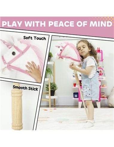 AIYAPLAY Unicorn Stick Horse with Wood Wheels, Real Pony Neighing and Galloping Sounds, Grip Handle, 95 cm, White