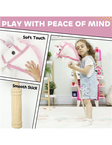 AIYAPLAY Unicorn Stick Horse with Wood Wheels, Real Pony Neighing and Galloping Sounds, Grip Handle, 95 cm, White - pic 176437 | FastDaddyshop