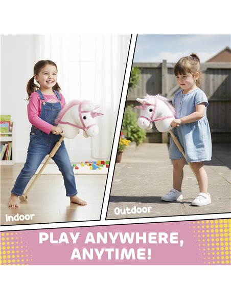 AIYAPLAY Unicorn Stick Horse with Wood Wheels, Real Pony Neighing and Galloping Sounds, Grip Handle, 95 cm, White - pic 176438 | FastDaddyshop