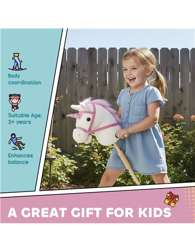 AIYAPLAY Unicorn Stick Horse with Wood Wheels, Real Pony Neighing and Galloping Sounds, Grip Handle, 95 cm, White