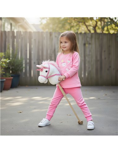 AIYAPLAY Unicorn Stick Horse with Wood Wheels, Real Pony Neighing and Galloping Sounds, Grip Handle, 95 cm, White