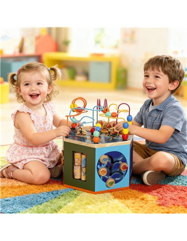 AIYAPLAY Wooden Activity Cube, Baby Toys with Bead Maze, Pattern Sorter for Toddlers Boys and Girls 18+ Months