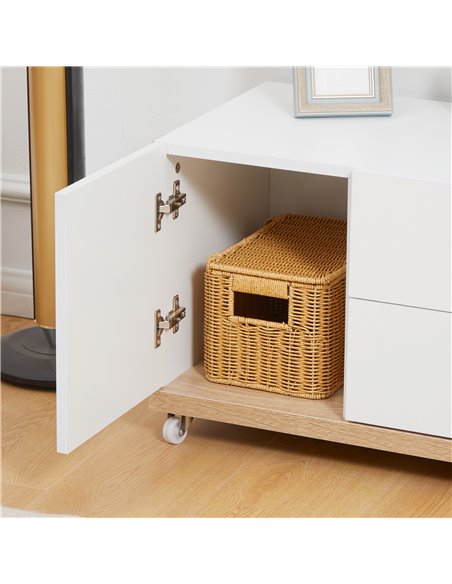 Homcom 1200mm TV Stand with Wheels, Storage Shelves and Drawers, White & Natural - pic 17645 | FastDaddyshop