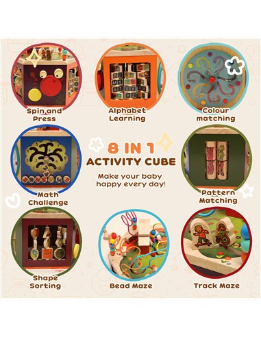 AIYAPLAY 8 in 1 Wooden Activity Cube with Bead Maze, Shape Sorter, for Kids Boys Girls 18+ Months