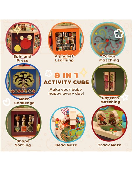 AIYAPLAY 8 in 1 Wooden Activity Cube with Bead Maze, Shape Sorter, for Kids Boys Girls 18+ Months - pic 176454 | FastDaddyshop