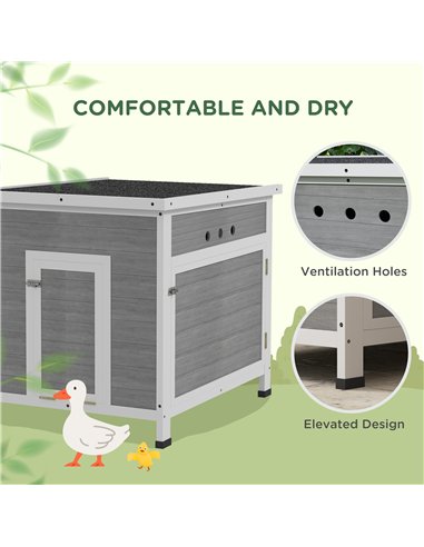 PawHut Wooden Duck House with Ramp, Double Doors, Openable Asphalt Roof, Ventilation Holes, Removable Base, Light Grey