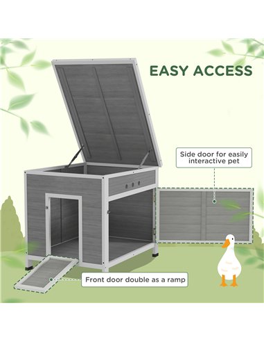 PawHut Wooden Duck House with Ramp, Double Doors, Openable Asphalt Roof, Ventilation Holes, Removable Base, Light Grey