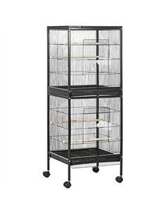 PawHut Bird Cage Budgie Cage 2 In 1 Large Aviary with Wheels Removable Trays for Finch Canaries Cockatiels Black
