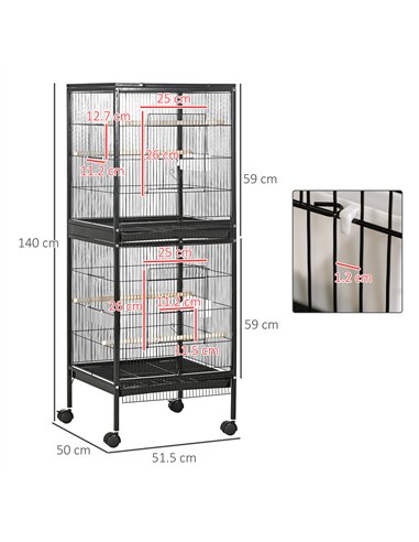 PawHut Bird Cage Budgie Cage 2 In 1 Large Aviary with Wheels Removable Trays for Finch Canaries Cockatiels Black