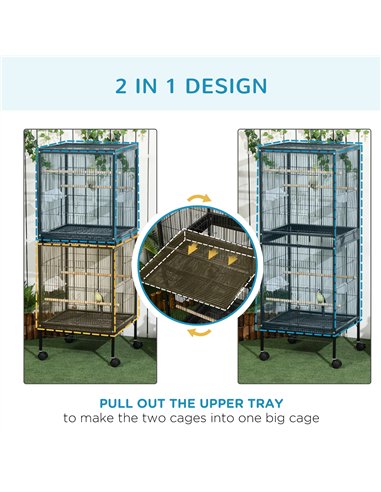 PawHut Bird Cage Budgie Cage 2 In 1 Large Aviary with Wheels Removable Trays for Finch Canaries Cockatiels Black