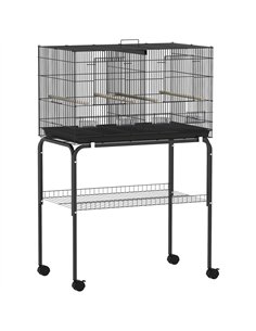 PawHut Bird Cage with Divider, 4 Wooden Perches, Slide Out Tray, 4 Feeders, for Budgie, Lovebird, Canary, 76 x 46 x 116cm Black