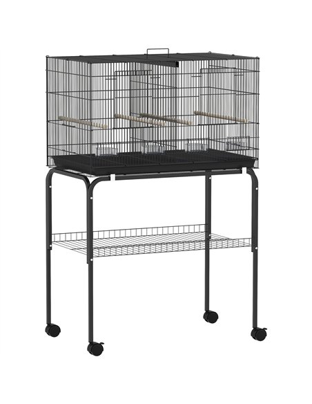 PawHut Bird Cage with Divider, 4 Wooden Perches, Slide Out Tray, 4 Feeders, for Budgie, Lovebird, Canary, 76 x 46 x 116cm Black - pic 176487 | FastDaddyshop