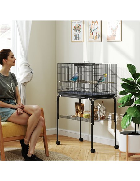 PawHut Bird Cage with Divider, 4 Wooden Perches, Slide Out Tray, 4 Feeders, for Budgie, Lovebird, Canary, 76 x 46 x 116cm Black - pic 176488 | FastDaddyshop