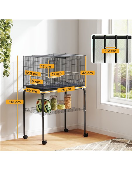 PawHut Bird Cage with Divider, 4 Wooden Perches, Slide Out Tray, 4 Feeders, for Budgie, Lovebird, Canary, 76 x 46 x 116cm Black - pic 176489 | FastDaddyshop
