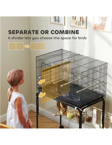 PawHut Bird Cage with Divider, 4 Wooden Perches, Slide Out Tray, 4 Feeders, for Budgie, Lovebird, Canary, 76 x 46 x 116cm Black