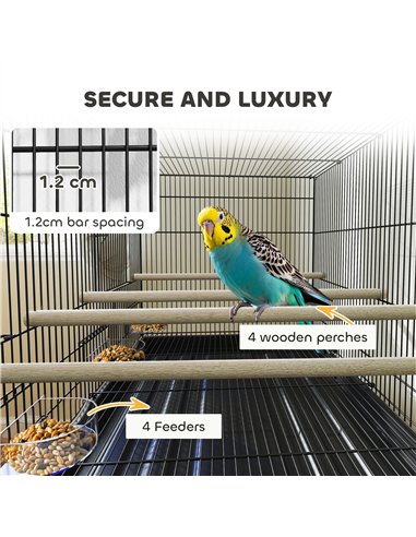 PawHut Bird Cage with Divider, 4 Wooden Perches, Slide Out Tray, 4 Feeders, for Budgie, Lovebird, Canary, 76 x 46 x 116cm Black