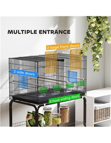 PawHut Bird Cage with Divider, 4 Wooden Perches, Slide Out Tray, 4 Feeders, for Budgie, Lovebird, Canary, 76 x 46 x 116cm Black