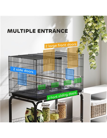 PawHut Bird Cage with Divider, 4 Wooden Perches, Slide Out Tray, 4 Feeders, for Budgie, Lovebird, Canary, 76 x 46 x 116cm Black - pic 176492 | FastDaddyshop