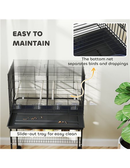 PawHut Bird Cage with Divider, 4 Wooden Perches, Slide Out Tray, 4 Feeders, for Budgie, Lovebird, Canary, 76 x 46 x 116cm Black - pic 176493 | FastDaddyshop
