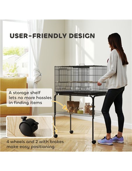 PawHut Bird Cage with Divider, 4 Wooden Perches, Slide Out Tray, 4 Feeders, for Budgie, Lovebird, Canary, 76 x 46 x 116cm Black - pic 176494 | FastDaddyshop