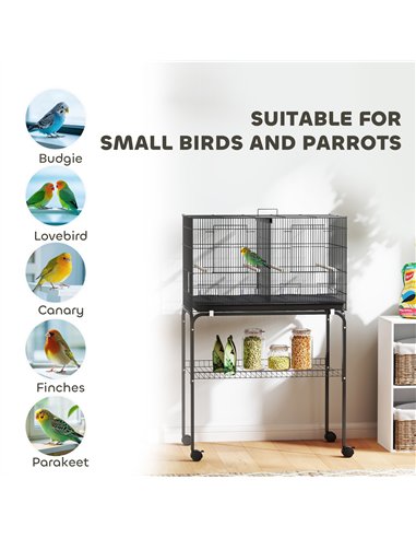 PawHut Bird Cage with Divider, 4 Wooden Perches, Slide Out Tray, 4 Feeders, for Budgie, Lovebird, Canary, 76 x 46 x 116cm Black