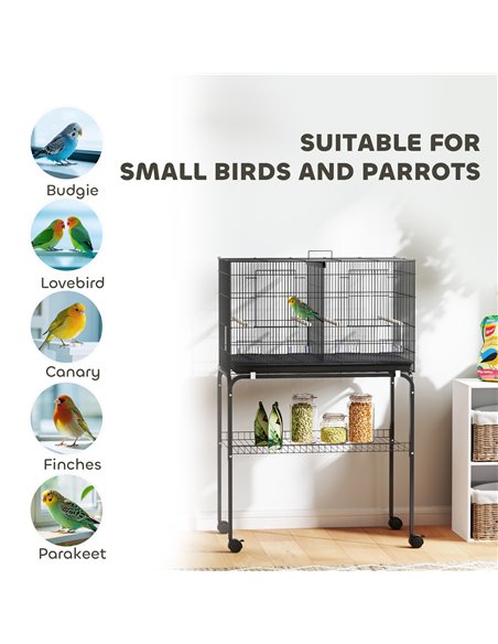 PawHut Bird Cage with Divider, 4 Wooden Perches, Slide Out Tray, 4 Feeders, for Budgie, Lovebird, Canary, 76 x 46 x 116cm Black - pic 176495 | FastDaddyshop