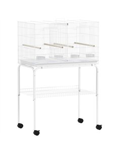 PawHut Bird Cage with Divider, 4 Wooden Perches, Slide Out Tray, 4 Feeders, for Budgie, Lovebird, Canary, 76 x 46 x 116cm White