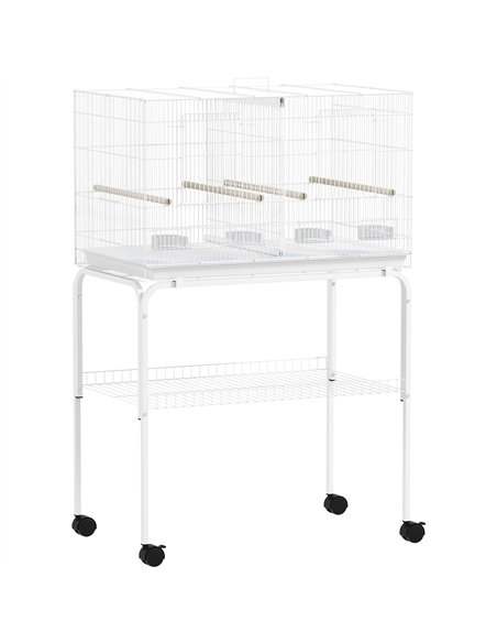 PawHut Bird Cage with Divider, 4 Wooden Perches, Slide Out Tray, 4 Feeders, for Budgie, Lovebird, Canary, 76 x 46 x 116cm White - pic 176496 | FastDaddyshop