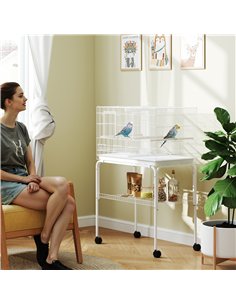 PawHut Bird Cage with Divider, 4 Wooden Perches, Slide Out Tray, 4 Feeders, for Budgie, Lovebird, Canary, 76 x 46 x 116cm White 2