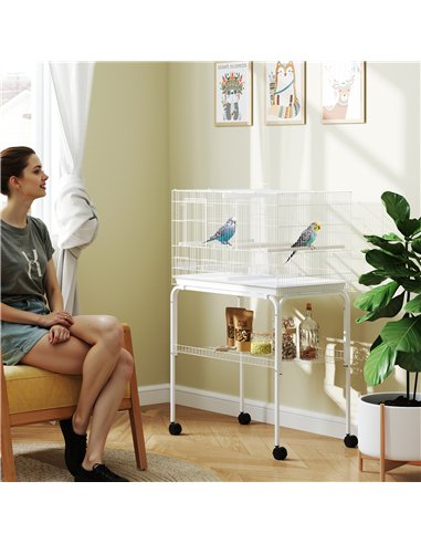 PawHut Bird Cage with Divider, 4 Wooden Perches, Slide Out Tray, 4 Feeders, for Budgie, Lovebird, Canary, 76 x 46 x 116cm White
