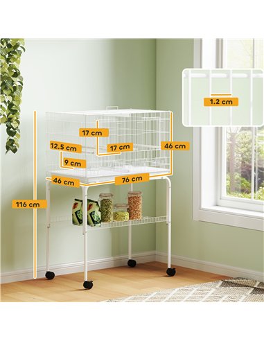 PawHut Bird Cage with Divider, 4 Wooden Perches, Slide Out Tray, 4 Feeders, for Budgie, Lovebird, Canary, 76 x 46 x 116cm White