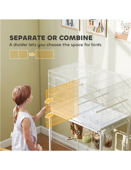 PawHut Bird Cage with Divider, 4 Wooden Perches, Slide Out Tray, 4 Feeders, for Budgie, Lovebird, Canary, 76 x 46 x 116cm White - pic 176499 | FastDaddyshop
