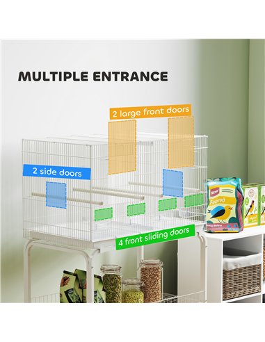 PawHut Bird Cage with Divider, 4 Wooden Perches, Slide Out Tray, 4 Feeders, for Budgie, Lovebird, Canary, 76 x 46 x 116cm White