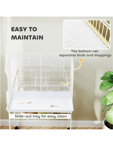 PawHut Bird Cage with Divider, 4 Wooden Perches, Slide Out Tray, 4 Feeders, for Budgie, Lovebird, Canary, 76 x 46 x 116cm White