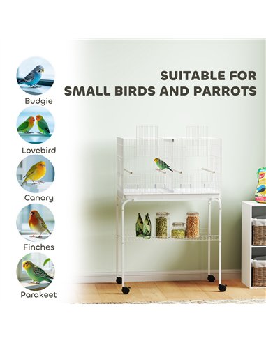 PawHut Bird Cage with Divider, 4 Wooden Perches, Slide Out Tray, 4 Feeders, for Budgie, Lovebird, Canary, 76 x 46 x 116cm White