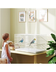 PawHut Bird Cage with Divider, 4 Wooden Perches, Slide Out Tray, 4 Feeders, for Budgie, Lovebird, Canary, 76 x 46 x 46cm, White 2