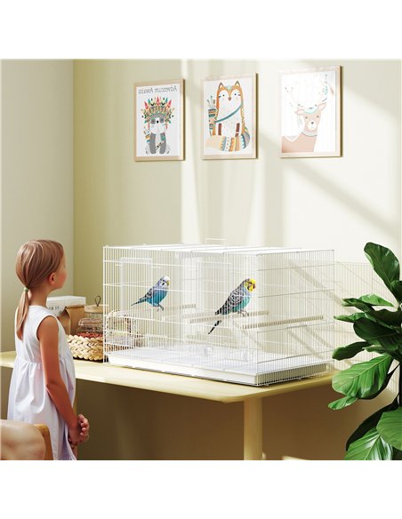 PawHut Bird Cage with Divider, 4 Wooden Perches, Slide Out Tray, 4 Feeders, for Budgie, Lovebird, Canary, 76 x 46 x 46cm, White - pic 176506 | FastDaddyshop