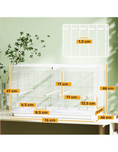 PawHut Bird Cage with Divider, 4 Wooden Perches, Slide Out Tray, 4 Feeders, for Budgie, Lovebird, Canary, 76 x 46 x 46cm, White