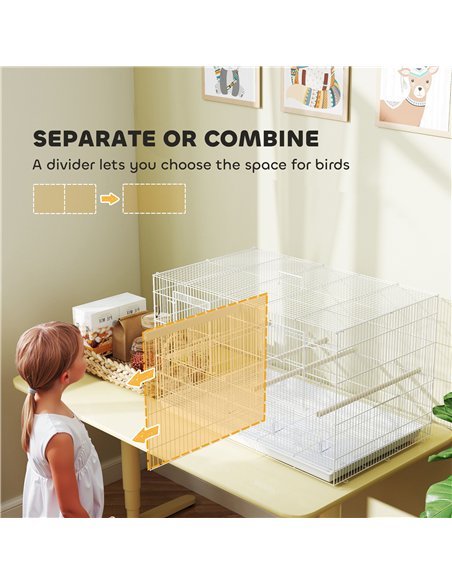 PawHut Bird Cage with Divider, 4 Wooden Perches, Slide Out Tray, 4 Feeders, for Budgie, Lovebird, Canary, 76 x 46 x 46cm, White - pic 176508 | FastDaddyshop