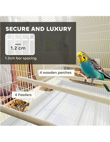 PawHut Bird Cage with Divider, 4 Wooden Perches, Slide Out Tray, 4 Feeders, for Budgie, Lovebird, Canary, 76 x 46 x 46cm, White