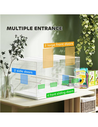 PawHut Bird Cage with Divider, 4 Wooden Perches, Slide Out Tray, 4 Feeders, for Budgie, Lovebird, Canary, 76 x 46 x 46cm, White