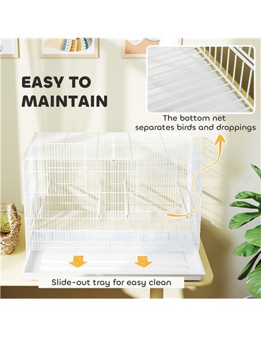 PawHut Bird Cage with Divider, 4 Wooden Perches, Slide Out Tray, 4 Feeders, for Budgie, Lovebird, Canary, 76 x 46 x 46cm, White