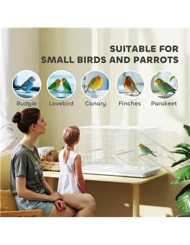 PawHut Bird Cage with Divider, 4 Wooden Perches, Slide Out Tray, 4 Feeders, for Budgie, Lovebird, Canary, 76 x 46 x 46cm, White