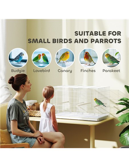 PawHut Bird Cage with Divider, 4 Wooden Perches, Slide Out Tray, 4 Feeders, for Budgie, Lovebird, Canary, 76 x 46 x 46cm, White - pic 176512 | FastDaddyshop