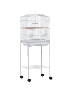 PawHut Bird Cage Budgie Cages for Finch Canary Parakeet with Stand Wheels Slide-out Tray Accessories Storage Shelf, White