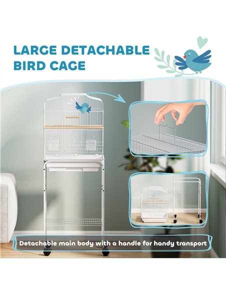 PawHut Bird Cage Budgie Cages for Finch Canary Parakeet with Stand Wheels Slide-out Tray Accessories Storage Shelf, White - pic 176517 | FastDaddyshop